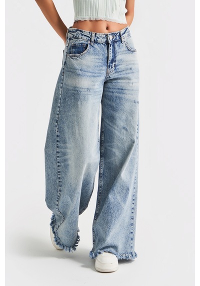 Itsbasic Kadın Kot Rengi 12s5-32 Palazzo Fit Paça Püsküllü %100 Koton Orta Bel Denim Jean Kot Rengi 12s5-84