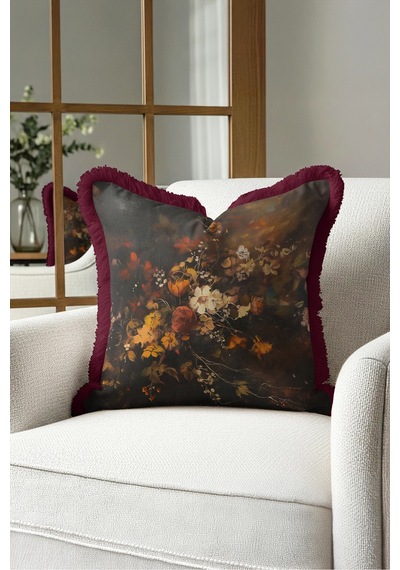 Vintage Çiçek Barok Saçaklı Yastık Kılıfı - Sanatsal Floral Kahverengi Bordo Püsküllü Kırlent Kılıfı Kadim Lagün Nektar Vintage Çiçek Barok Saçaklı Yastık Kılıfı - Sanatsal Floral Kahverengi Bordo Püsküllü Kırlent Kılıfı Kadim Lagün Nektar