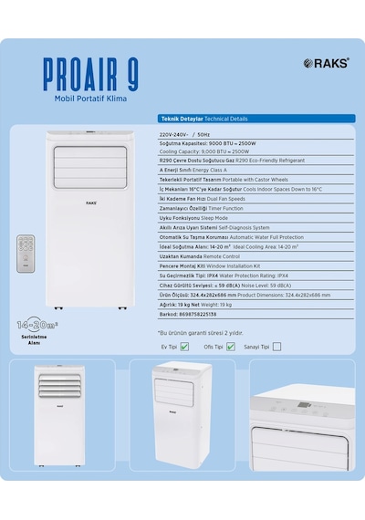 Raks Proair 9 9000 BTU Uzaktan Kumandalı Mobil Portatif Klima Beyaz