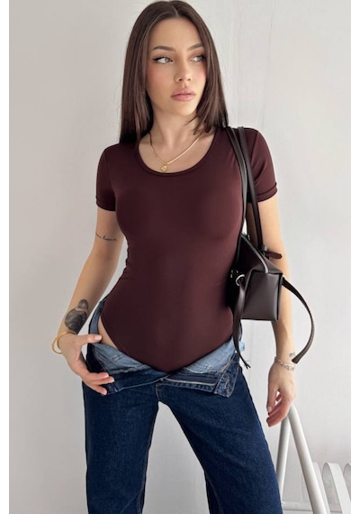 Basic Body Kadın Kısa Kollu Pamuklu Esnek Bodysuit Kahverengi