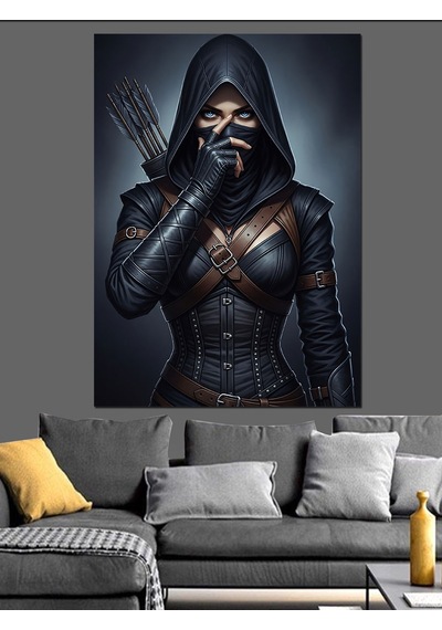 Ahşap Tablo Siyah Giyimli Ninja Savaşçı