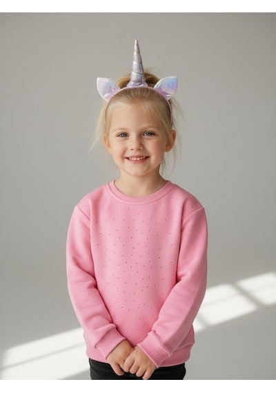 Kız Çocuk Pamuklu Taşlı Sweatshirt-16747 Pembe