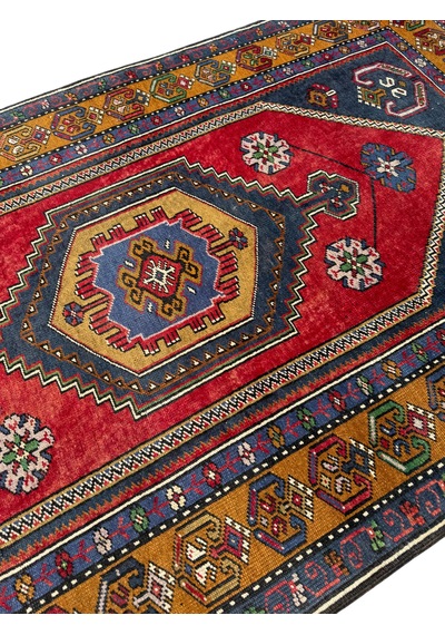 El Dokuma Eskitme İnce Yahyalı 101x175 Kırmızı Lacivert Yün Halı Kırmızı