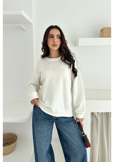 Femelle Kadın Beyaz Boncuk İşlemeli %100 Pamuk Sweatshirt