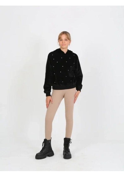 Kız Çocuk Taşlı Peluş Kapüşonlu Sweatshirt-14827 Siyah
