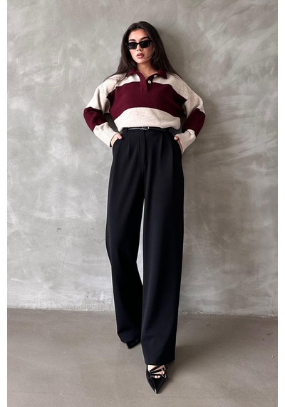 Madmext Siyah Çift Pileli Kemerli Pantolon Mg2330 Siyah