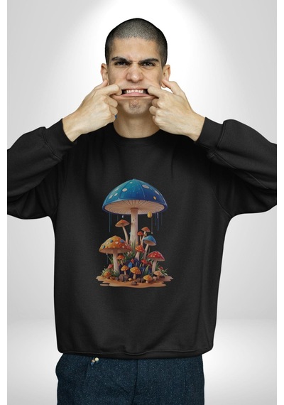 Renkli Mantar Süsler Unisex Siyah Baskılı Sweatshirt Siyah