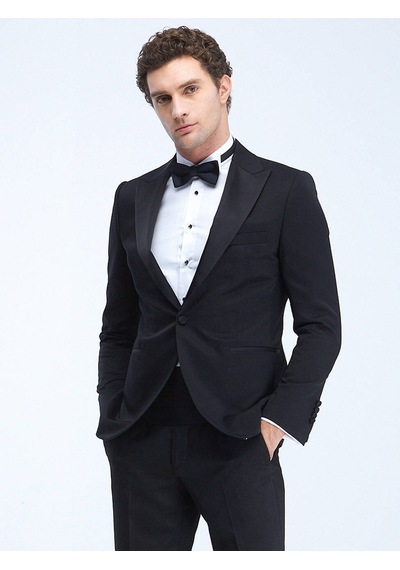 Kip Siyah Düz Slim Fit Kruvaze Yaka Dokuma Smokin Takım Elbise 001