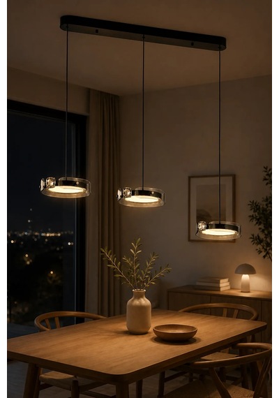 3'lü Modern Premium 3 Renkli Ledli Sarkıt Avizesi Salon Mutfak Yemek Masası Üstü Şık Modelleri 86w Siyah