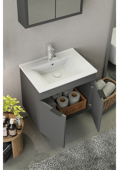 Biani Fix Loft 65 Cm Banyo Dolabı,Seramik Lavabolu, Aynalı,Lavabo Dahil,Mdf,Mat Gri Biani Fix Loft 65 Cm Banyo Dolabı,Seramik Lavabolu, Aynalı,Lavabo Dahil,Mdf,Mat Gri