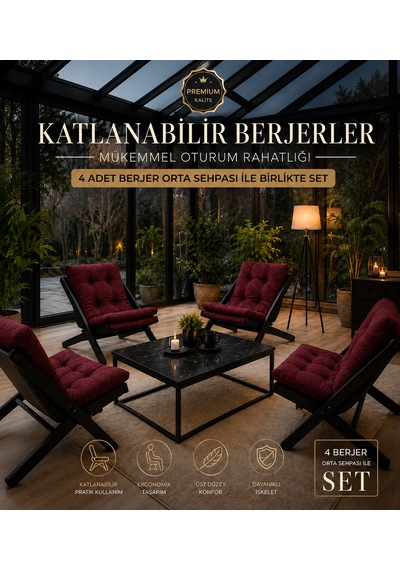 4lü Sehpalı Dinlenme Koltuğu Berjer Balkon Koltuğu Bahçe Kotuğu Tv Sandalyesi Bordo