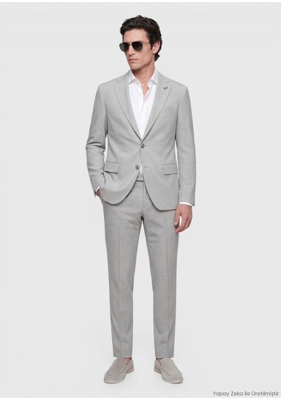 Ramsey Açık Gri Çizgili Modern Fit Yün Karışımlı Takım Elbise