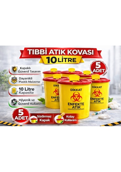 Tıbbi Atık Kovası 10 Litre 5 Adet Kapaklı Tıbbi Atık Kutusu Enfekte Atık Kovası Seti Siyah
