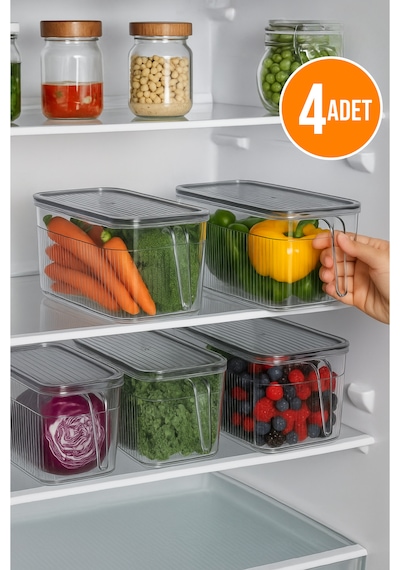 4'lü Kulplu Şeffaf Buzdolabı Organizeri Gıda Saklama Düzenleyici Seti 3.60 L Şeffaf Gri