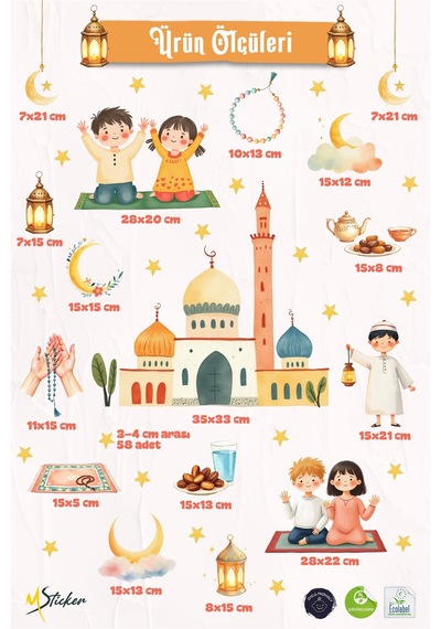 Çift Taraflı Ramazan Ayı Cam Sticker Seti Çocuklar İçin Eğitici Ramazan Pencere Süsü Ve 74 Parça Dijital Baskı
