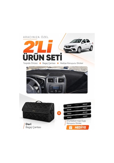 Renault Symbol Uzun Tip.2 2013-2021 Uyumlu Torpido Örtüsü + Deri Bagaj Çantası Seti - Siyah