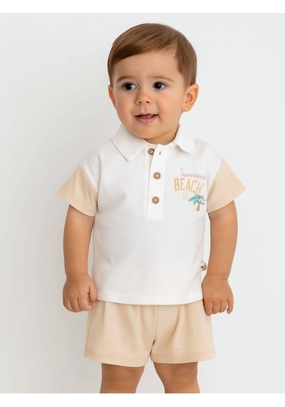 Zekids Erkek Bebek Organik Pamuklu Yakalı T-shirt Şortlu Takım-15911 renkli