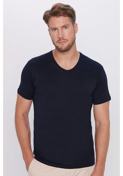 Tudors Erkek Slim Fit Dar Kesim %100 Pamuk Yumuşak Dokulu Lacivert V Yaka Tişört-32121 Lacivert