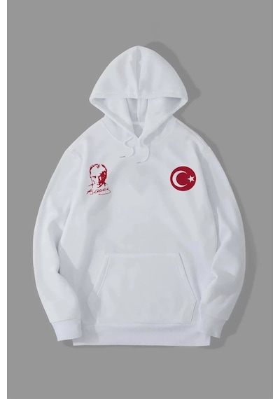 Tarzyeri Erkek 10 Kasıma Özel Üç İplik Kapüşonlu Baskılı Sweatshirt - Beya Beyaz