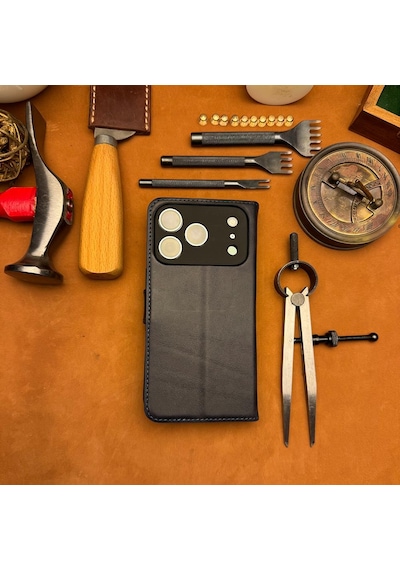 Bideri Patara Apple Uyumlu iPhone 17 Pro Max Hakiki Deri Cüzdan Kılıf Lacivert
