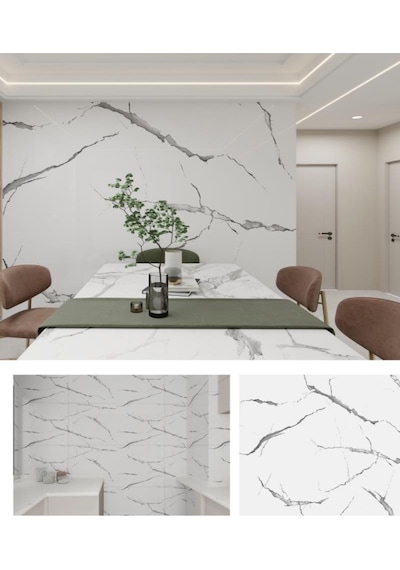 120cm X 3 Metre Rulo Premium Beyaz Mermer Desenli Yapışkanlı Duvar Paneli Kağıdı Ev Ofis Basıc Beyaz