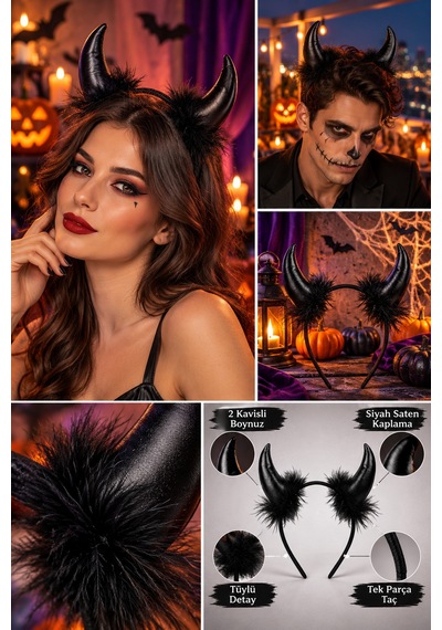 Halloween Cadılar Bayramı Siyah Saten Tüylü Şeytan Boynuzlu Taç Parti Ve Kostüm Saç Aksesuarı