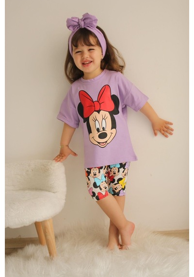 Miniko Kids Kız Çocuk Mickey Mouse Kapri Taytlı Kısa Kol Pamuk Takım Lila