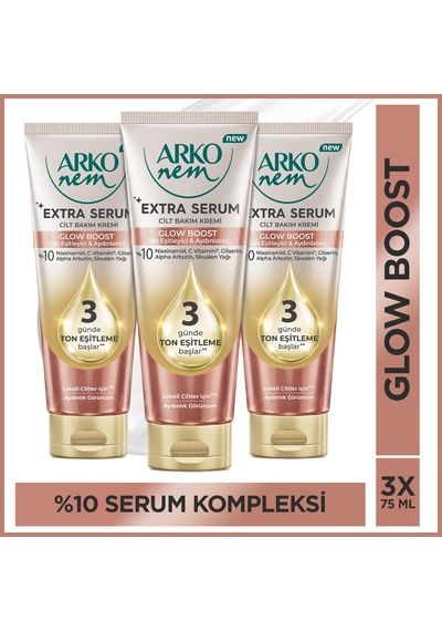 Arko Nem Extra Serum Glow Boost Ton Eşitleyici & Aydınlatıcı Cilt Bakım Kremi Skualen Yağlı 3x75 Ml