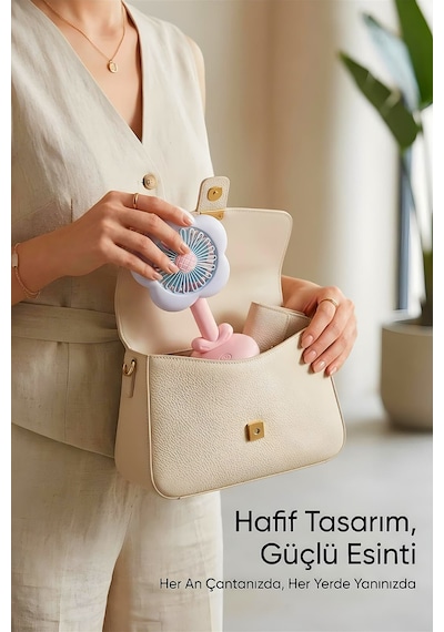 Işıklı Çiçek Tasarımlı Mini Fan Mavi 3 Kademeli Masaüstü Vantilatör Pembe
