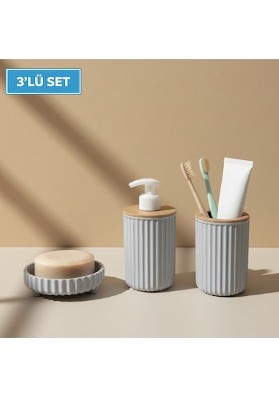 3 Parça Banyo Seti Modern Çizgili Tasarım Sıvı Sabunluk Diş Fırçalık Katı Sabunluk Gri