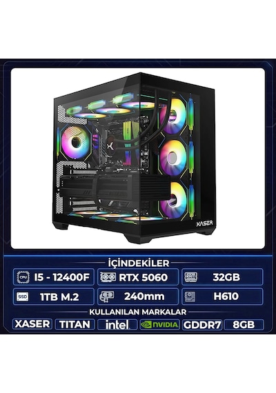 Xaser Titan X50 i5-12400F 32 GB 1 TB M.2 NVMe SSD 8 GB RTX5060 Free Dos Masaüstü Oyuncu Bilgisayarı