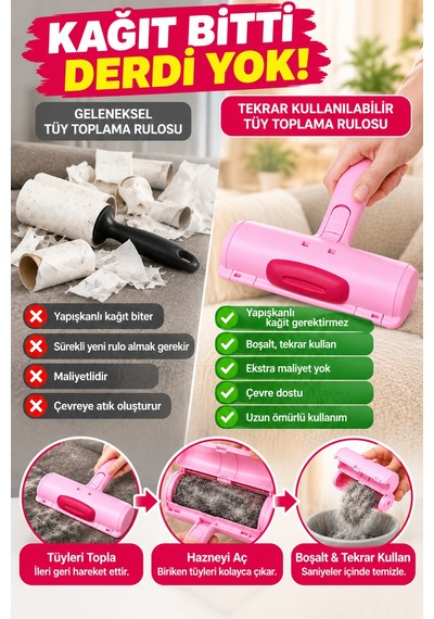 Pembe Tekrar Kullanılabilir Hazneli Tüy Toplama Rulosu Kedi Köpek Tüyü Koltuk Temizleme Aparatı