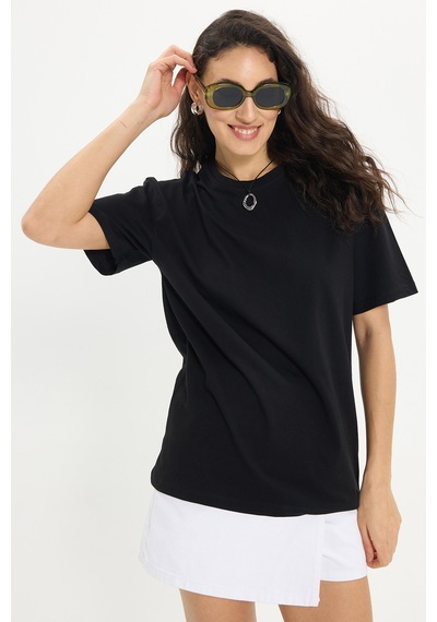 Tudors Kadın Slim Fit Dar Kesim Pamuk Kısa Kollu Bisiklet Yaka Siyah Tişört-50470 L