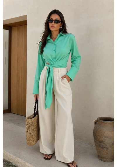 Bb Butik Basic Lüx Kalite Bağlamalı Poplin Gömlek Bb0250 Turkuaz1