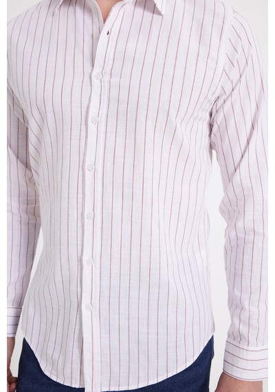 Tudors Erkek Slim Fit Dar Kesim Uzun Kollu %100 Pamuk Keten Doku Çizgili Gömlek-42652 Beyaz