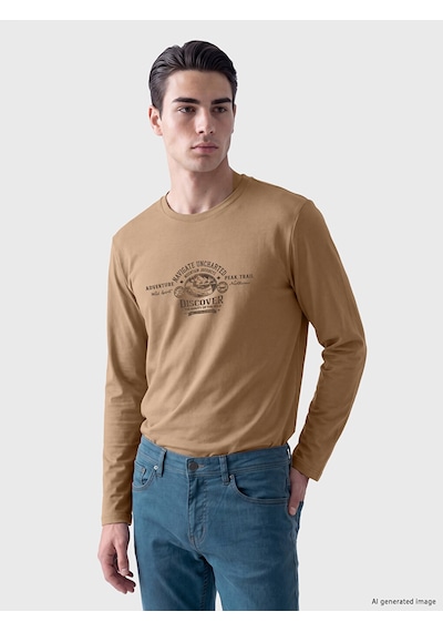 Lcwaıkıkı Classic Bej Bisiklet Yaka Baskılı Erkek Sweatshirt
