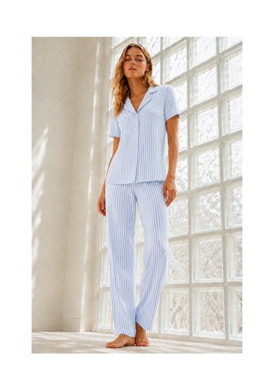 Fit Women Kadın Genç Loose İpliği Boyalı Mavi Pijama Takımı