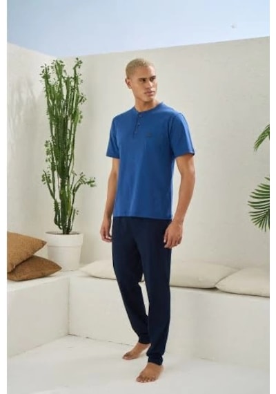 Moda Dua Kocabey 2207 Erkek Battal Midi Yaka Pijama Takım Lacivert