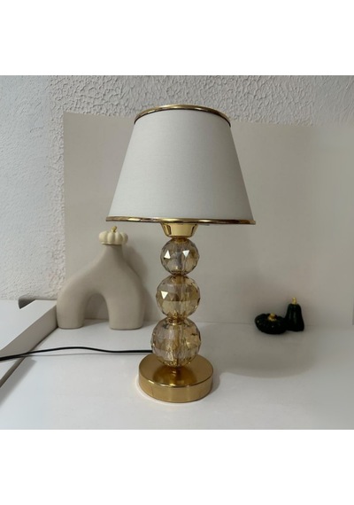 Mooncher Cam Gövdeli Gold Metal Abajur Altın Şeritli Krem Kumaş Başlık Gece Lambası Krem - Gold