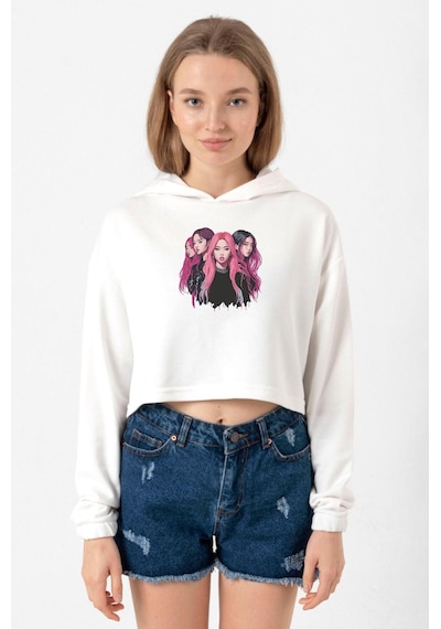 Blackpink Members Art Poster Ekru Kadın Crop Kapşonlu 001