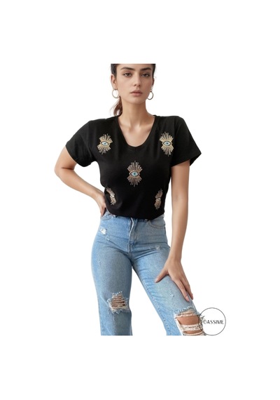 Cassime Kadın Kadın Siyah V Yaka Göz Pul Ve Nakış Işlemeli Tişört S-m-l-xl-2xl-3xl