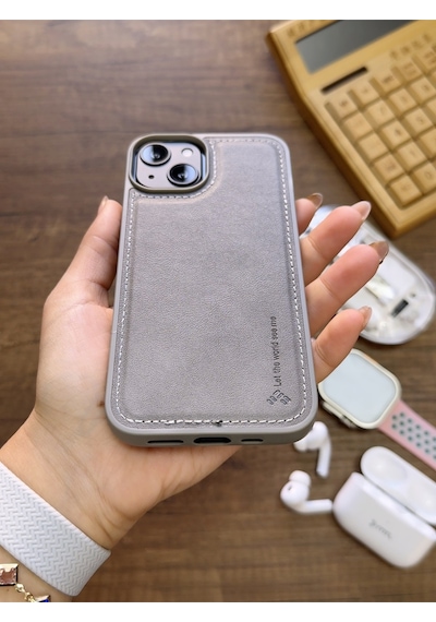Apple iPhone 14 Uyumlu Premium Deri Dokulu Darbelere Karşı Dayanıklı Nazal Silikon Kılıf Gri