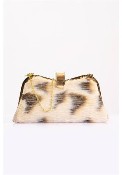 Genel Bej Desenli Suni Kürk Zincirli El Ve Omuz Clutch Portföy Çanta