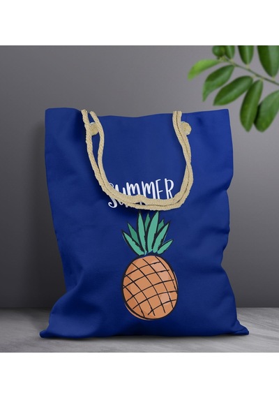Bk Gift Yaz Temalı Saks Mavi Halat Saplı Kumaş Plaj Çantası -4, Baskılı Omuz Çantası, Alışveriş Çantası, Arkadaşa Hediye, Sevgiliye Hediye Haki