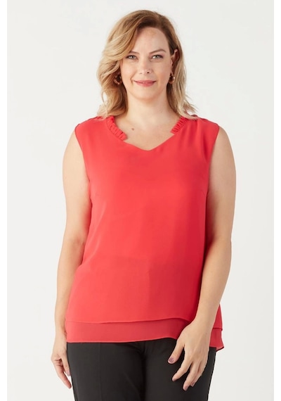 Moda Berray 3241 Yaka Fırfırlı Kolsuz Büyük Beden Şık Bluz Mürdüm Nar Çiçeği