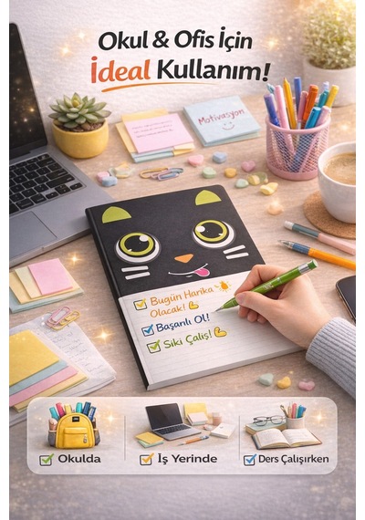 Kedi Desenli A4 Çizgili Defter 80 Yaprak 1 Adet Siyah Büyük Gözlü Tasarım