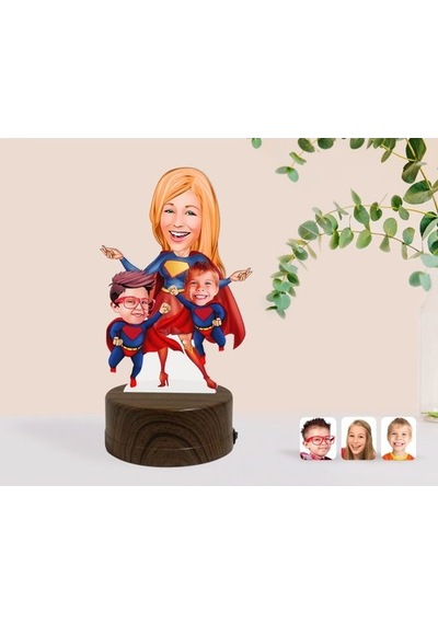 Kişiye Özel Süper Anne Ve Çocuklar Karikatürlü Dekoratif 3D Biblo