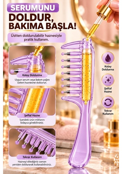 Mor Serum Hazneli Saç Tarağı Hazneli Saç Derisi Bakım Yağ Serum Tarağı Masaj Başlıklı Tarak
