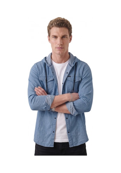 Deep Sea Deepsea Koyu Mavi Kapüşonlu Likralı Kot Gömlek Slim Fit Çıt Çıt Kapamalı Erkek Gömlek 2300396