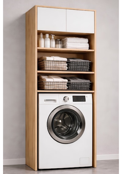 Rudu Lavin Çok Amaçlı Banyo Dolabı Düzenleyici 66x65x190 Cm 2 Kapaklı 4 Raflı Meşe - Beyaz Rudu Lavin Çok Amaçlı Banyo Dolabı Düzenleyici 66x65x190 Cm 2 Kapaklı 4 Raflı Meşe - Beyaz